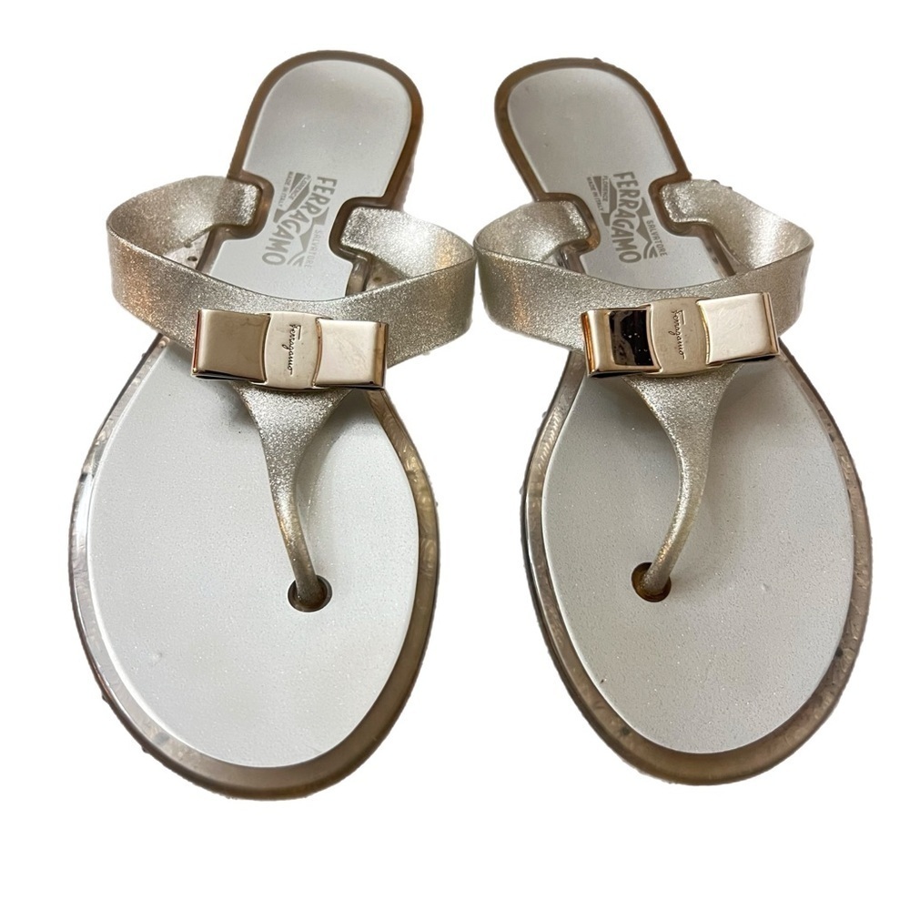 Salvatore Ferragamo Farella Silver Glitter Flip Flop Sandals 7 View 2